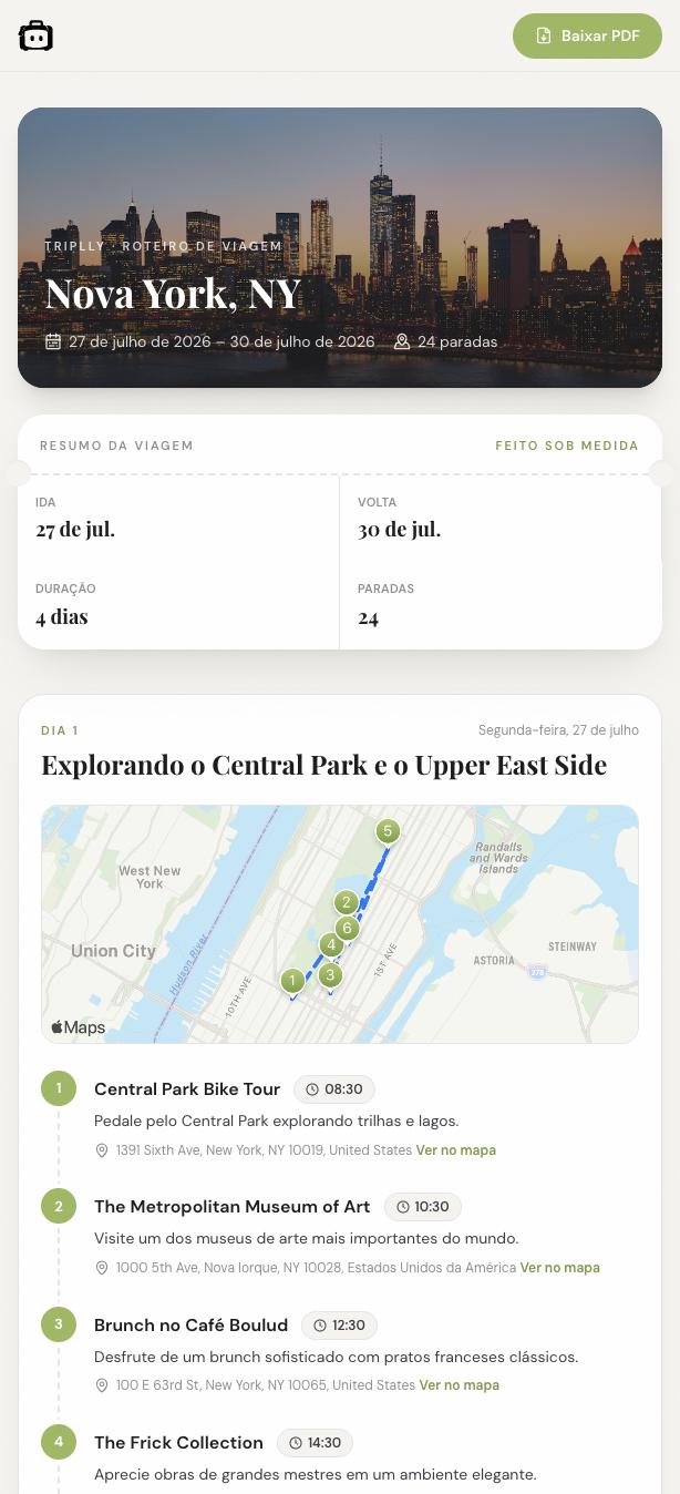 Página real de um roteiro entregue pelo Triplly, com botão Baixar PDF no topo, capa da viagem para Nova York e o dia 1 com mapa da rota e paradas